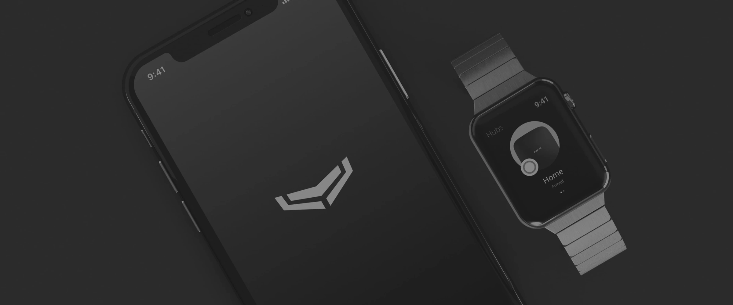 Ajax app on a smartphone and Apple Watch displaying armed home security status.