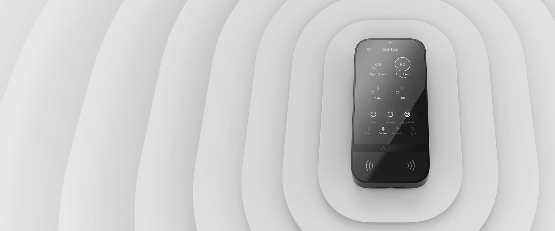 Black Ajax KeyPad TouchScreen with alarm controls on a sculpted white background.