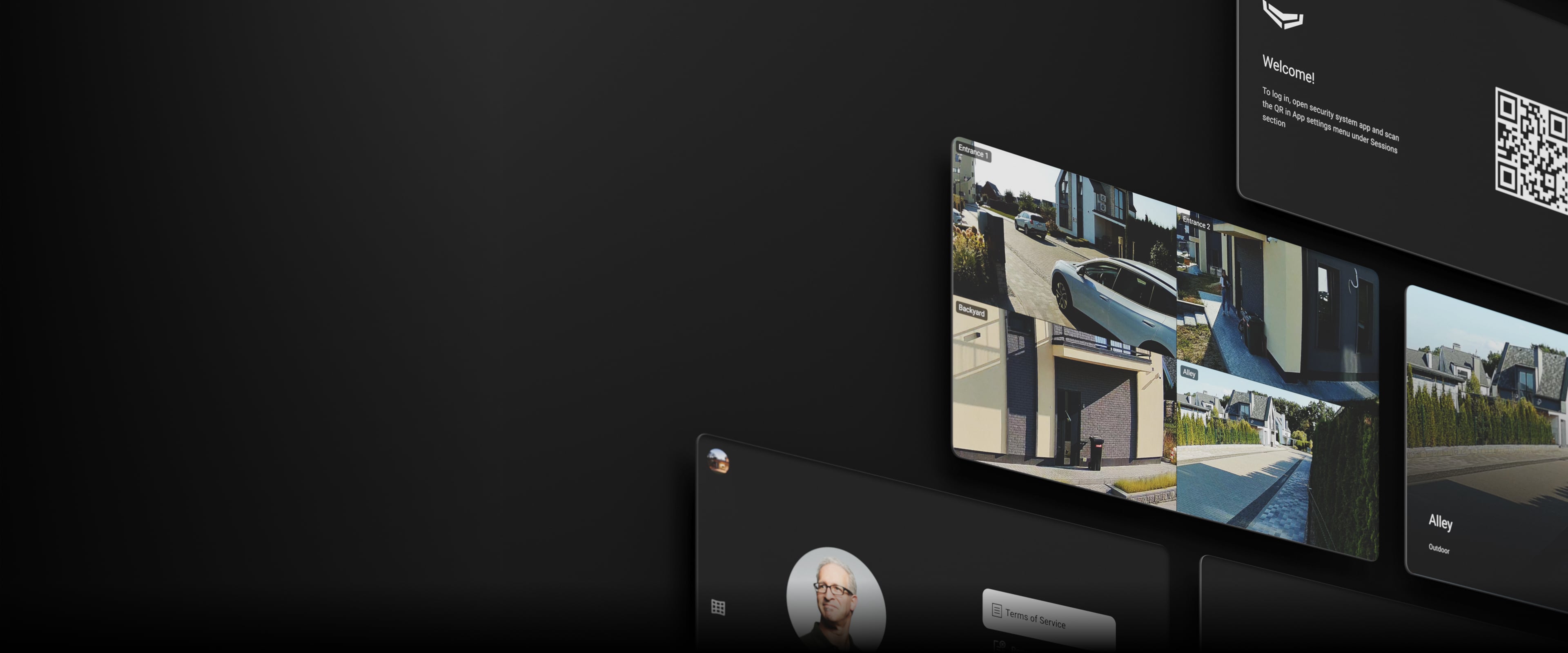 Ajax TV interface showing multiple camera views and QR-code account sign-in