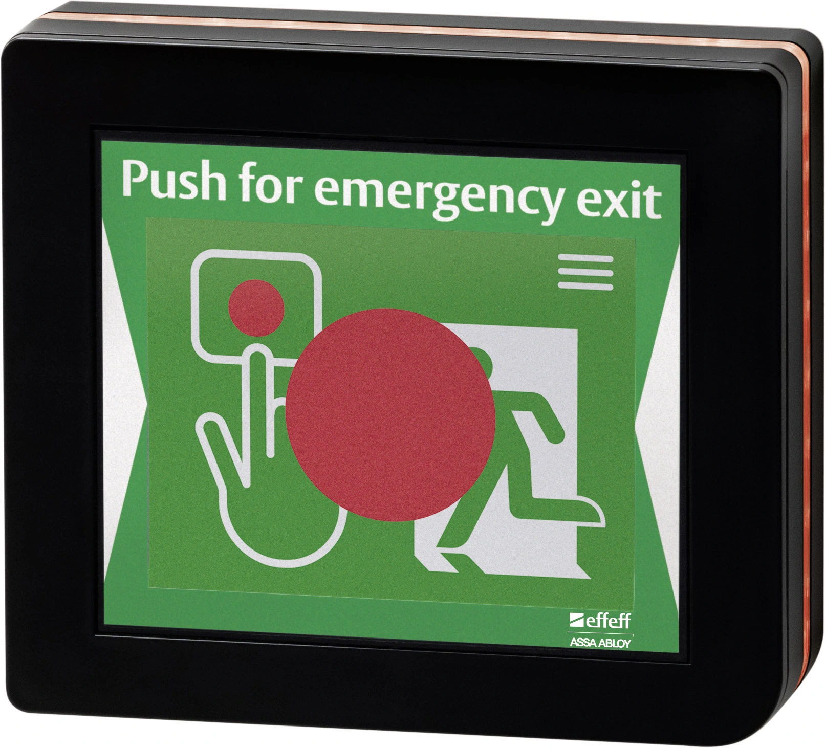 ABLOY effeff ePED 1386 Display Door Terminal with emergency exit pictogram and illuminated status frame.