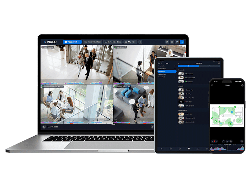 Avigilon Alta Video interface shown across laptop, tablet and phone
