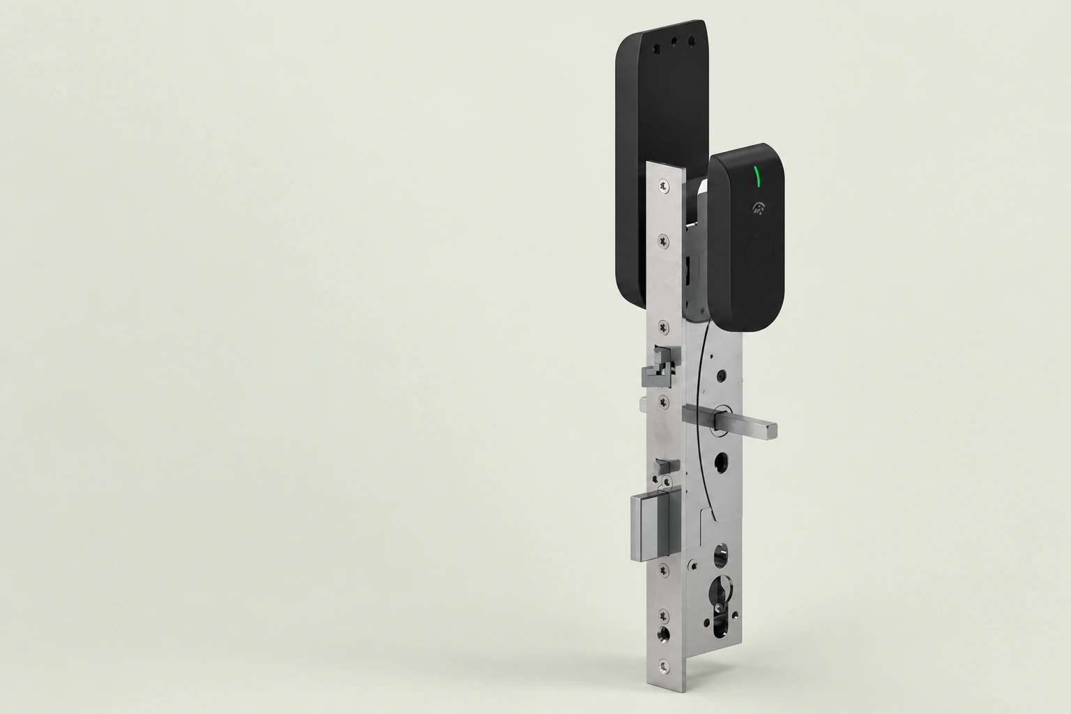 Illustration of the Aperio L100 narrow-stile wireless lock assembly with reader and mortise lock