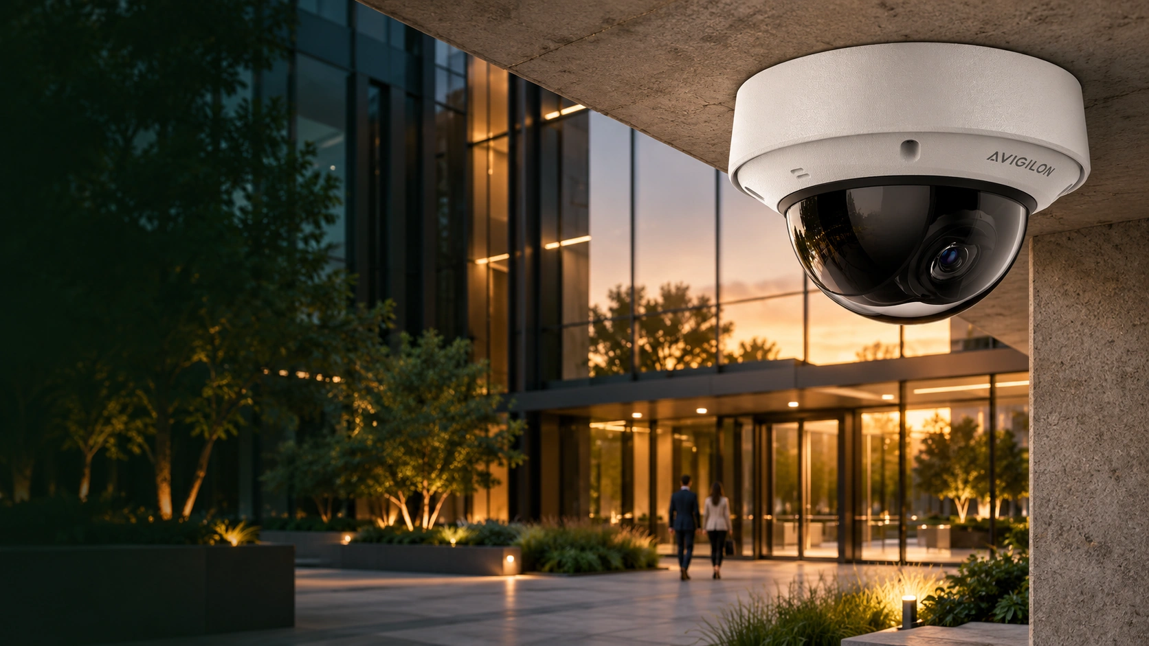 Avigilon dome camera beneath a commercial entrance soffit in an original Digilec visual
