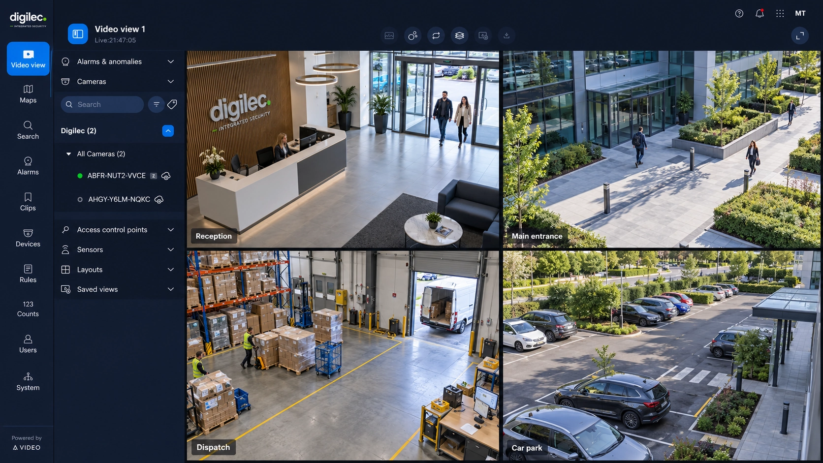 Digilec-branded Alta Video interface with four illustrative camera views of reception, entrance, dispatch and car park
