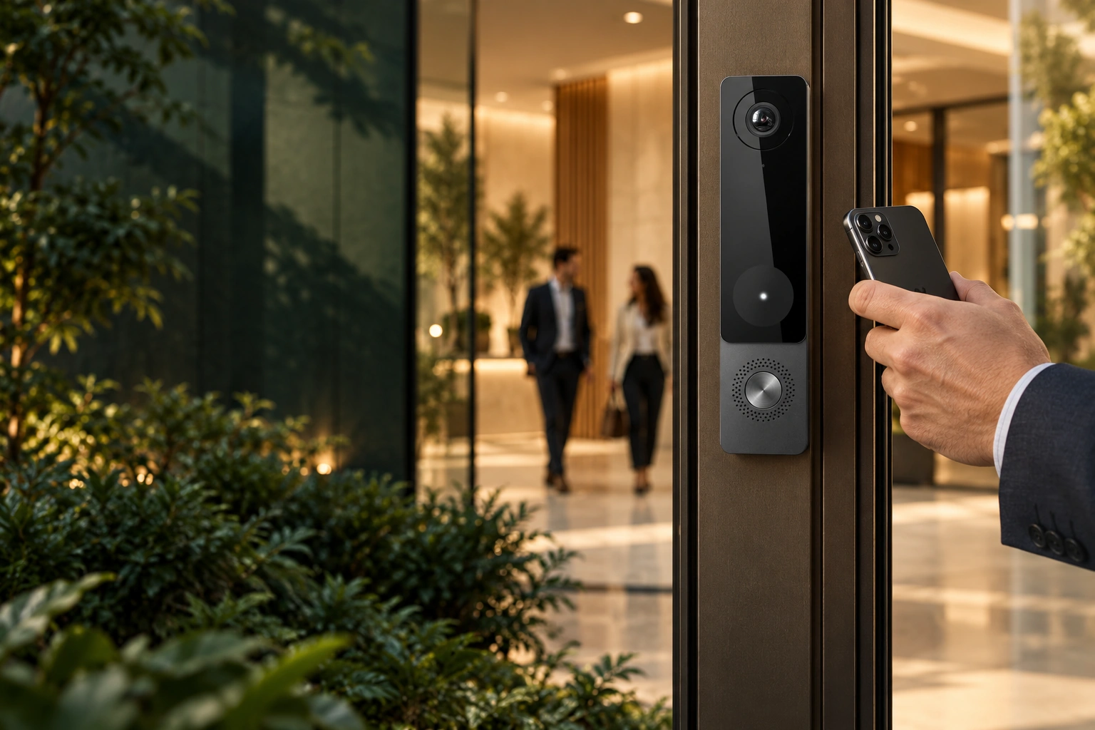 Alta video intercom at an office entrance, illustrating connected access and video