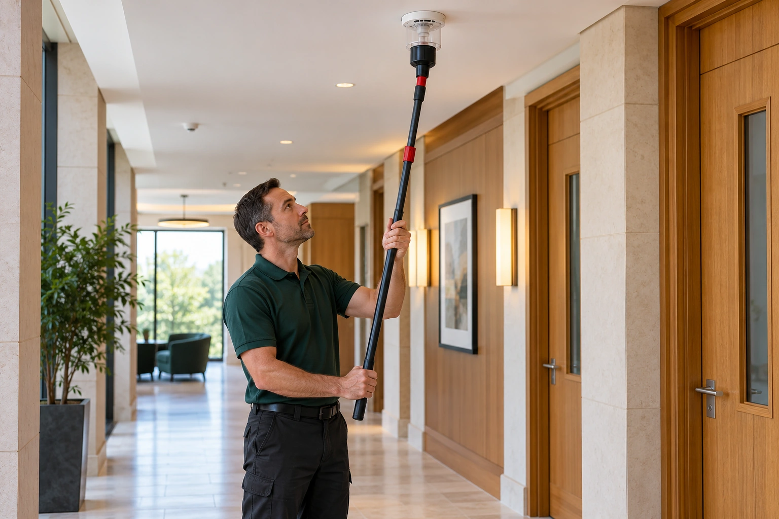 Illustrative fire alarm engineer testing a ceiling detector with specialist test equipment