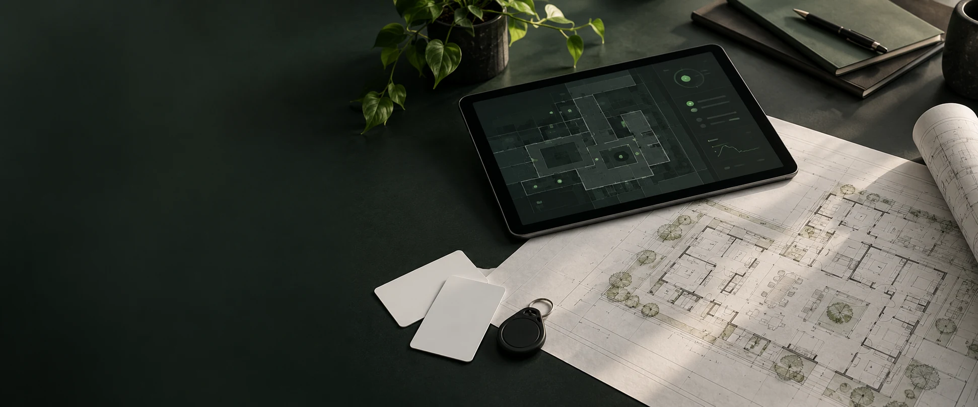 Security design workspace with building plans, a tablet, access cards and a fob.