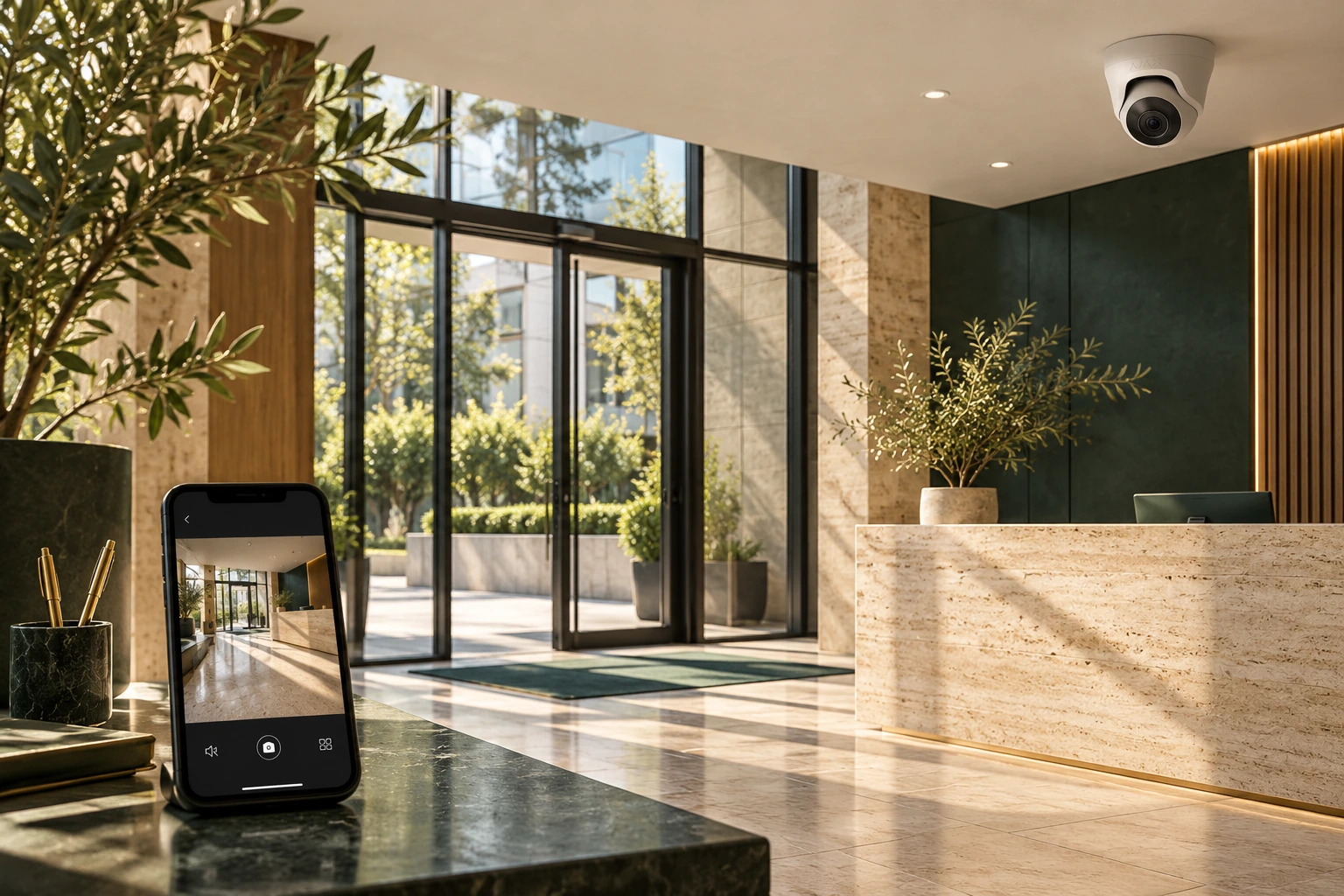 Ajax-style turret camera in a reception with a phone showing the same space