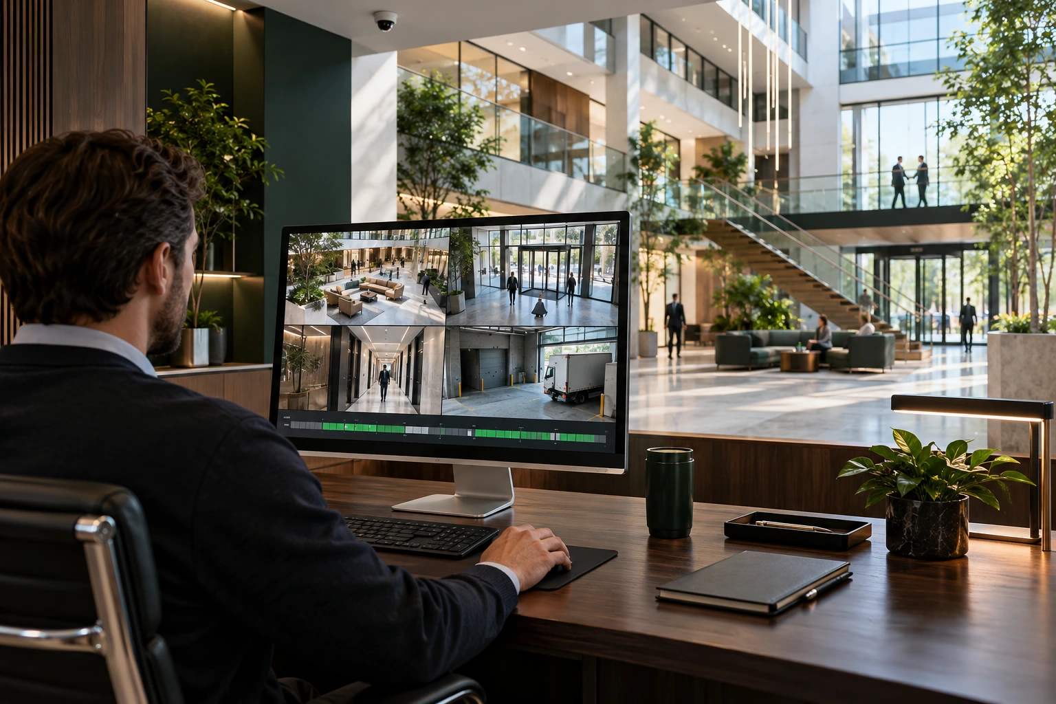 Building operations workspace with multiple CCTV views overlooking an office atrium