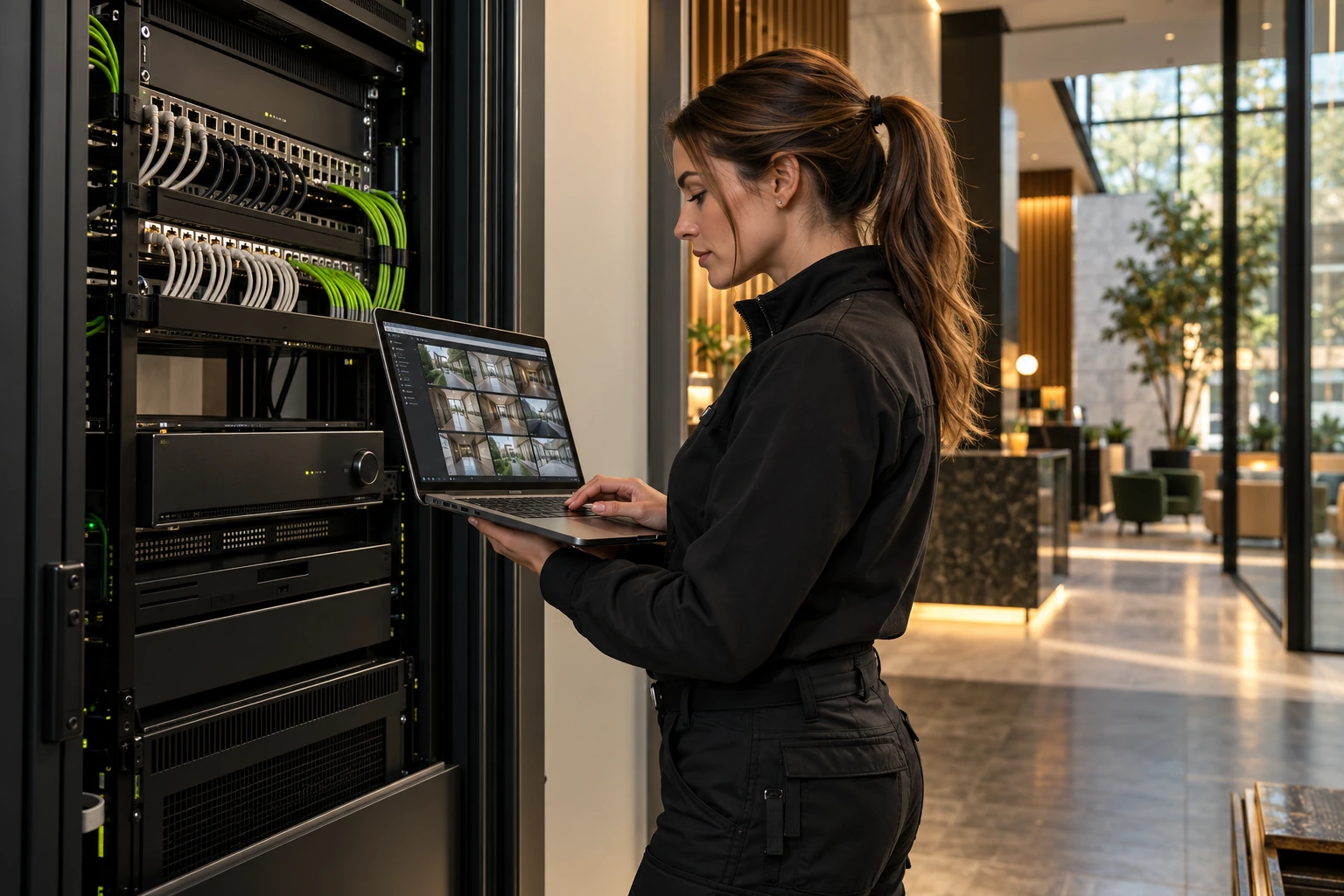 Security engineer checking CCTV equipment and camera views at a communications cabinet