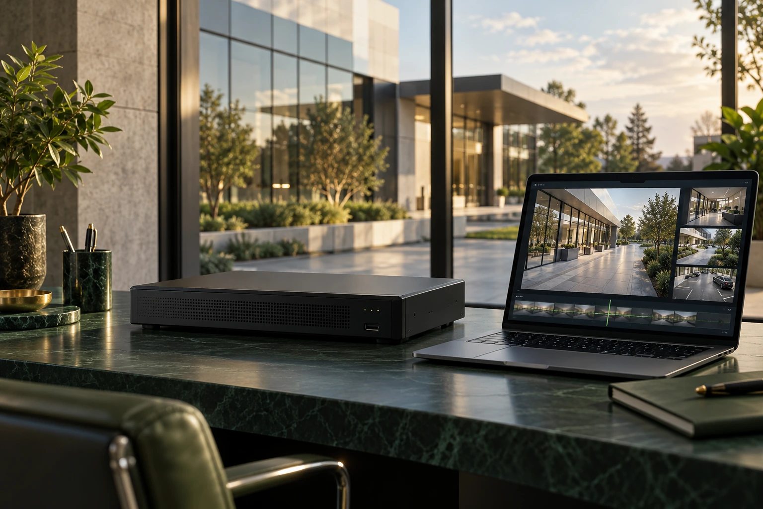 Local video recorder and laptop displaying CCTV views in an office