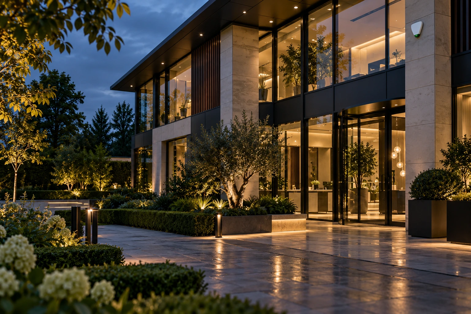 Commercial building at dusk with discreet intruder alarm protection