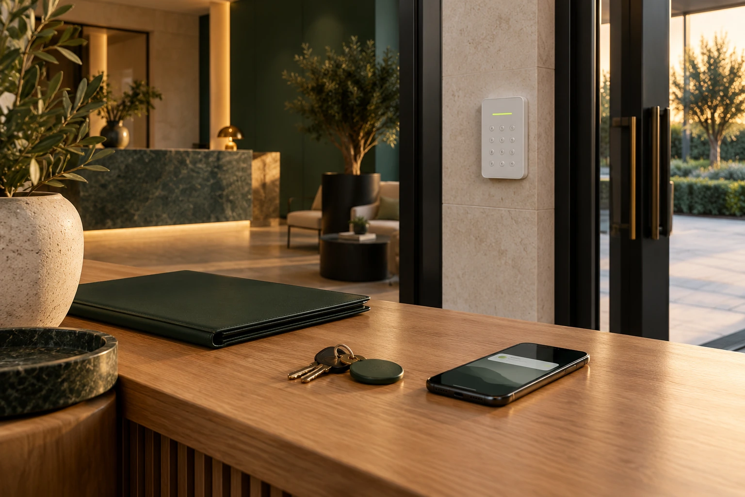 Alarm keypad, keyholder keys and phone notification in a business reception