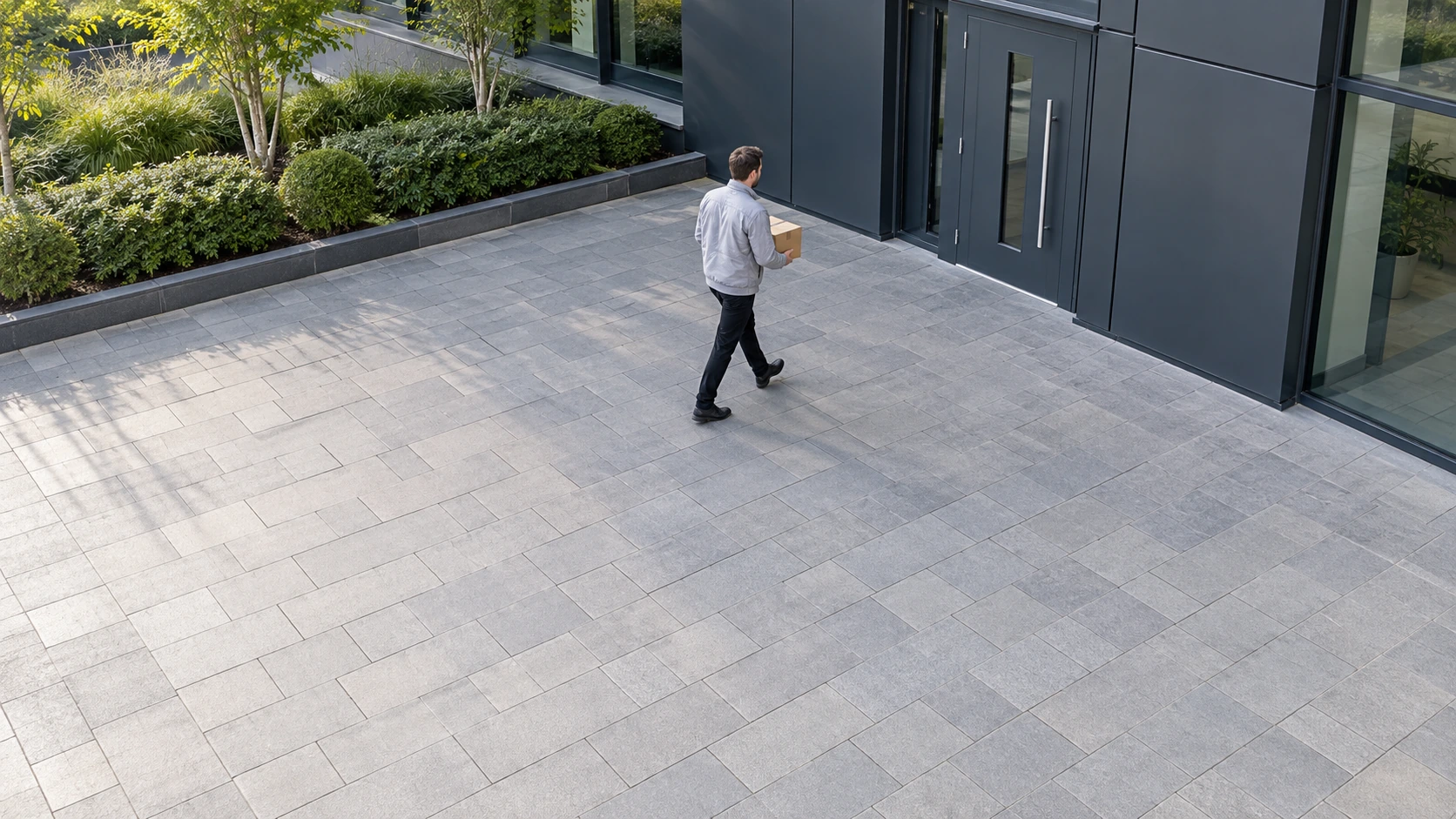 Original illustrative camera view of a delivery person approaching a commercial entrance.