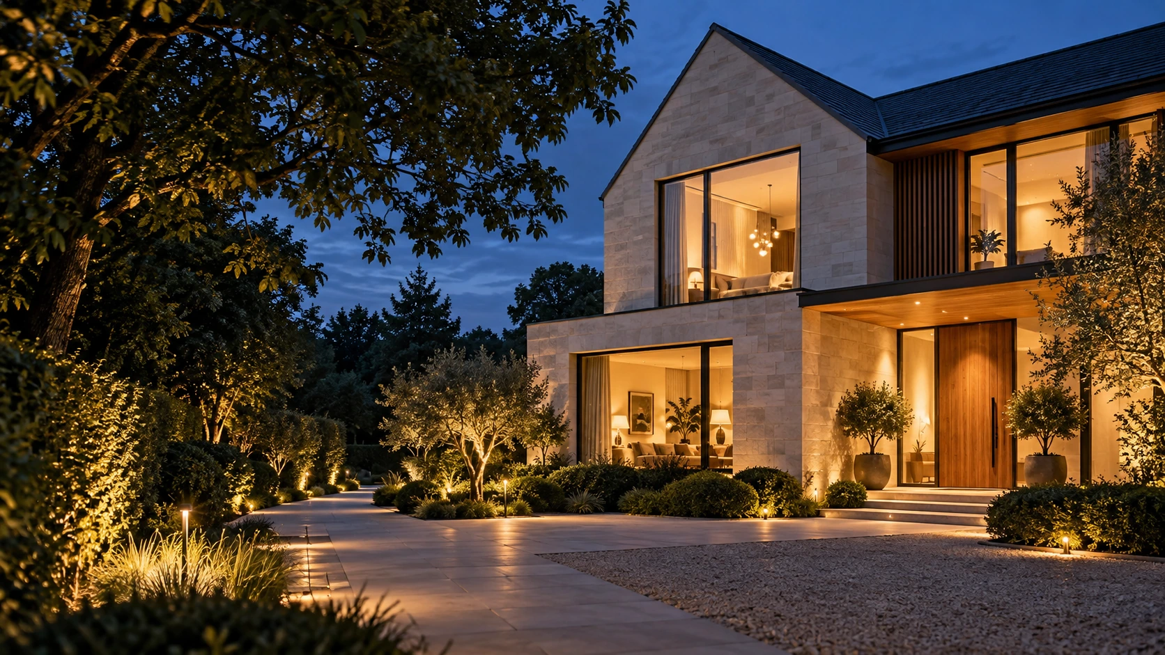 Original architectural illustration of a warmly lit contemporary home at dusk.