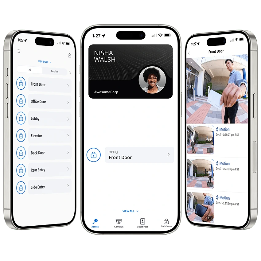 Avigilon Alta app screens showing access, a mobile credential and video intercom.