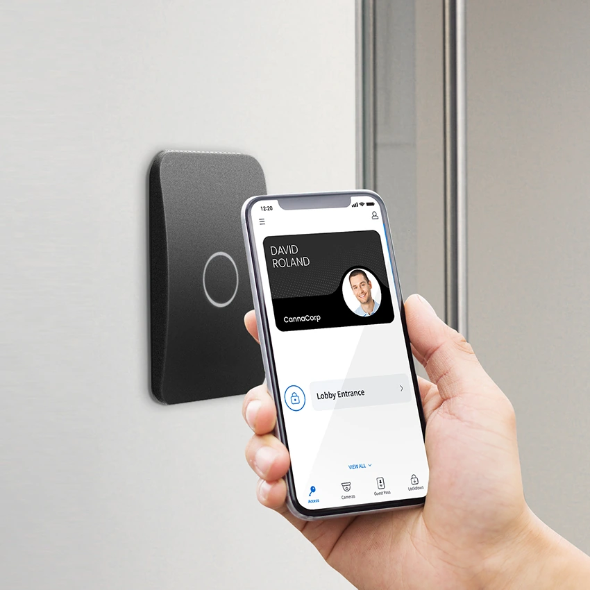 An Avigilon Alta mobile credential presented to a door reader.
