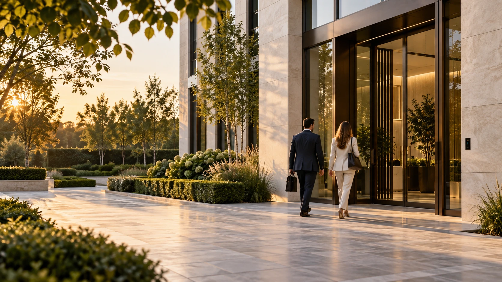 Illustrative commercial entrance with a discreet access reader and people arriving.
