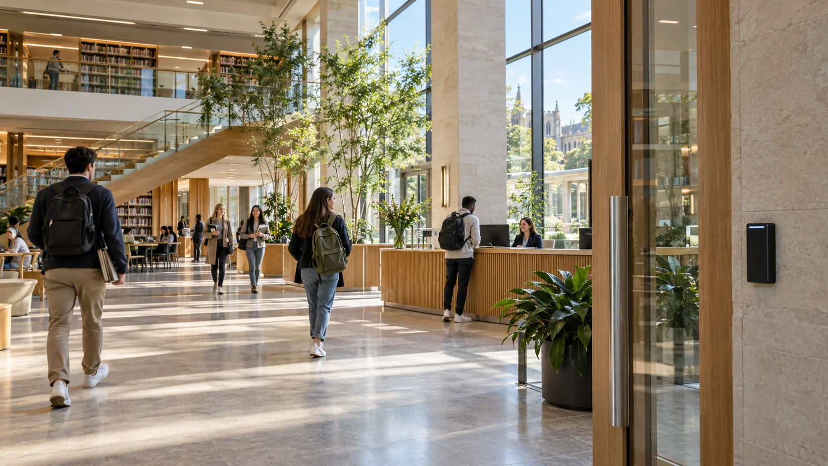 Illustrative university library entrance with students, reception and a discreet access reader.