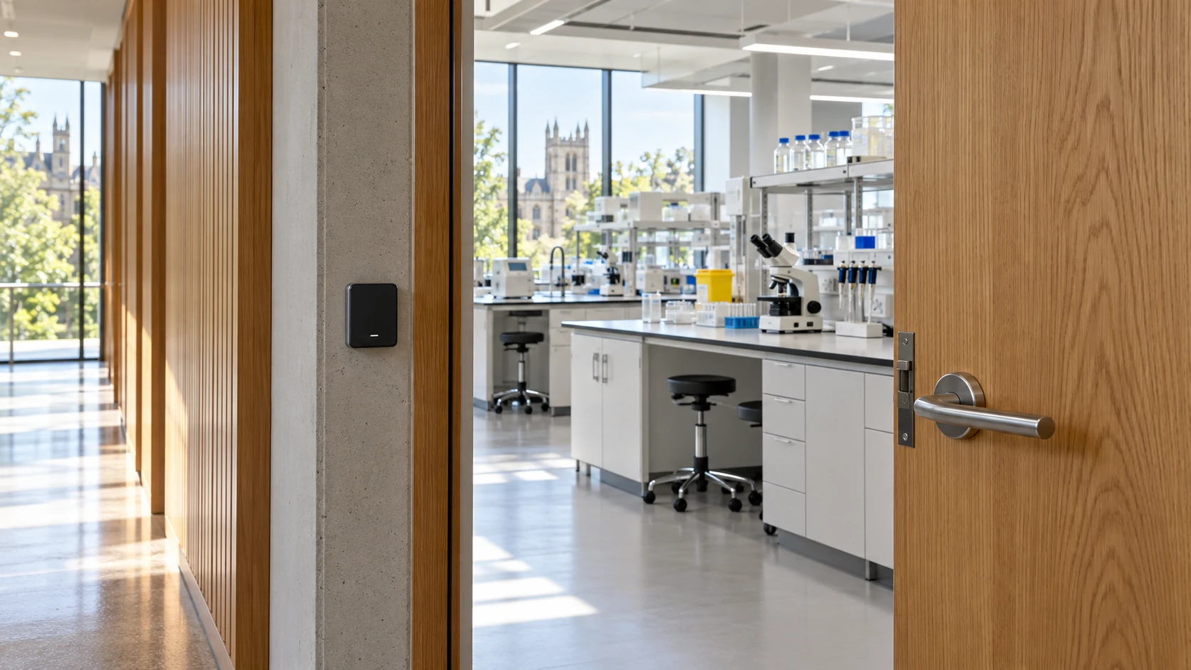 Illustrative university laboratory entrance with an access reader and mechanical door handle.