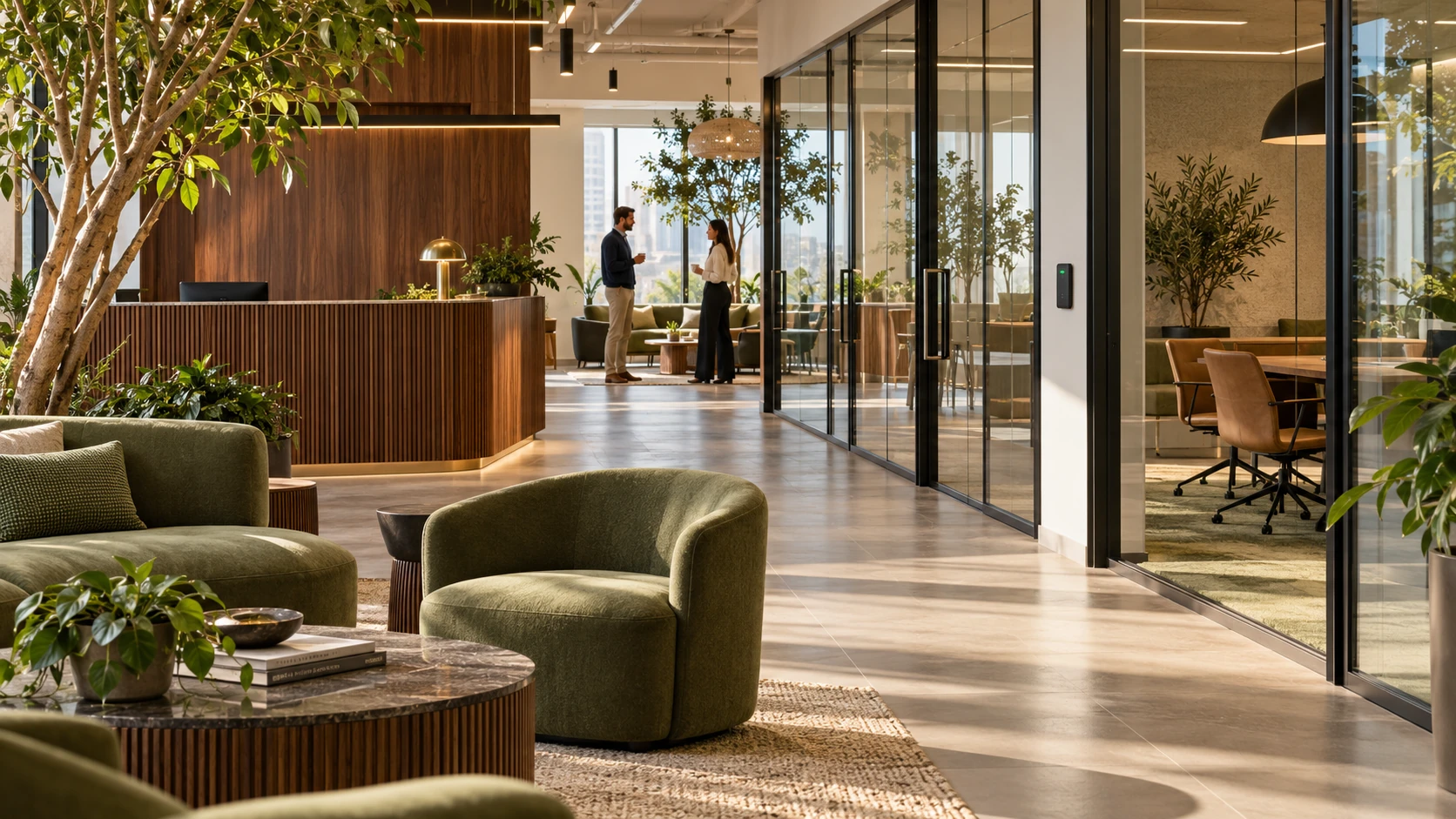 Illustrative modern office reception and glass meeting rooms with a discreet access reader.