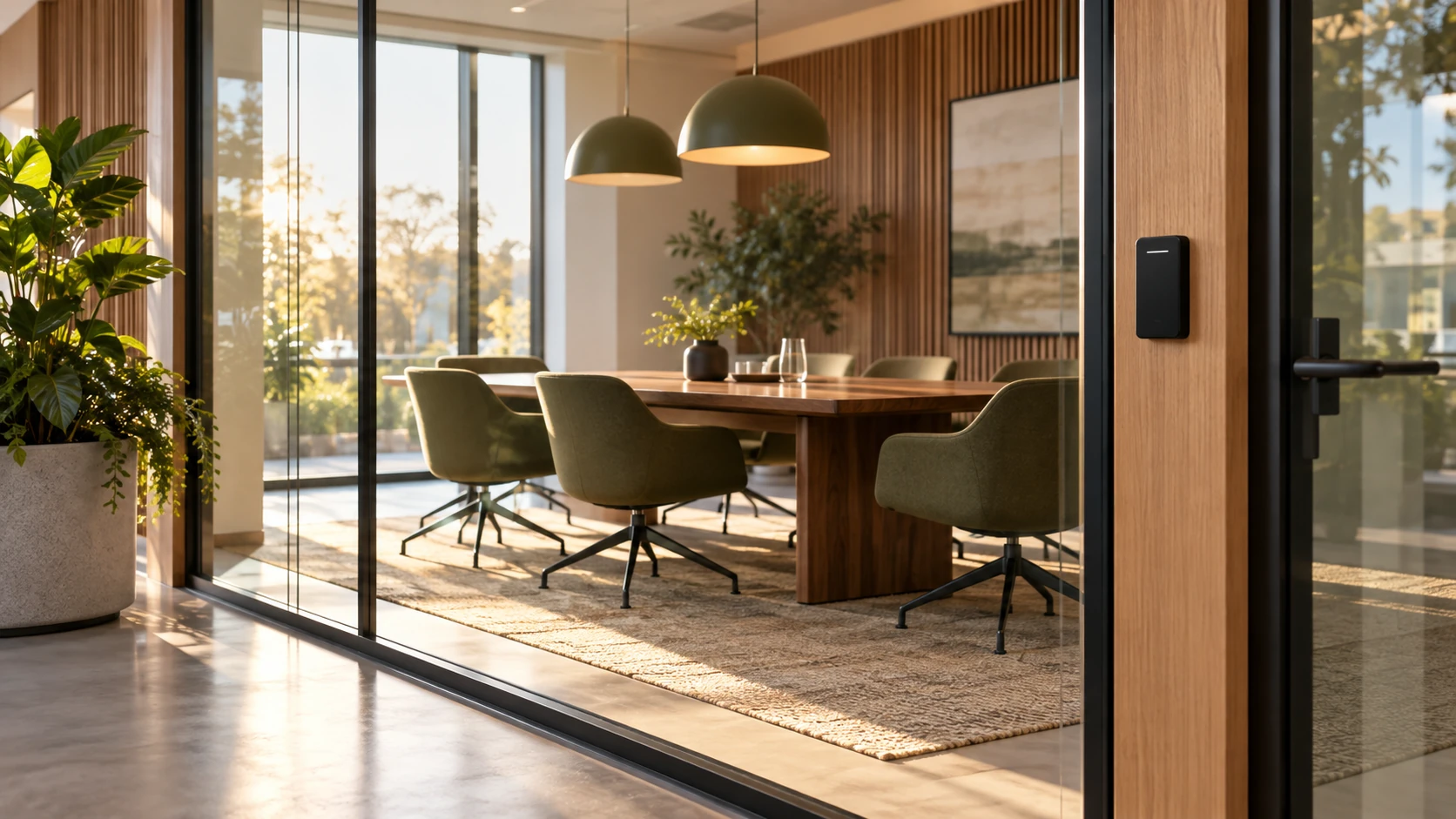 Illustrative glass meeting room with an access reader beside the entrance.