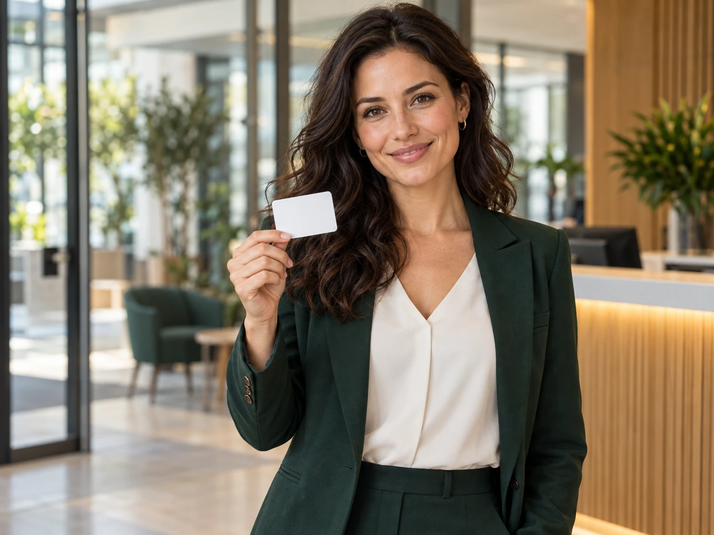 Illustrative workplace portrait of a woman holding an access card.