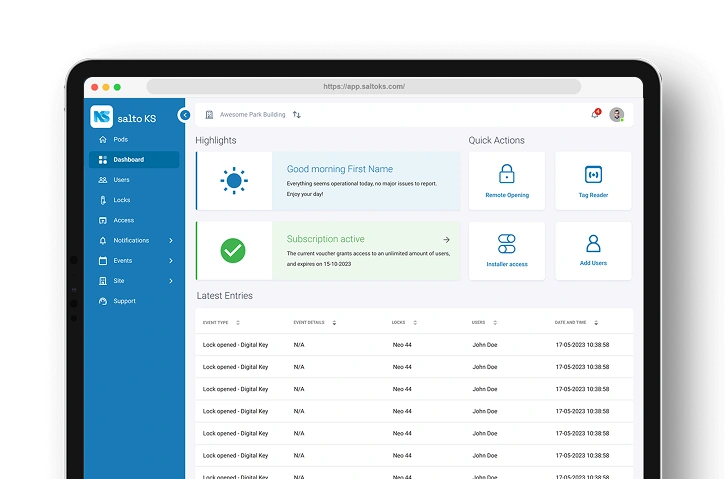 Salto KS web dashboard showing access management and recent entries.